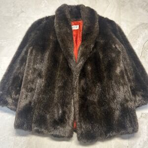 Sajon Vintage Faux Fur Coat Brown Women Large XL Shawl Collar Made in USA Glam